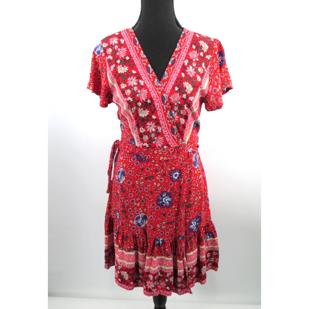 ZESICA Red Floral Midi Wrap Dress Womens Small Boho Cottagecore V-Neck Ruffle